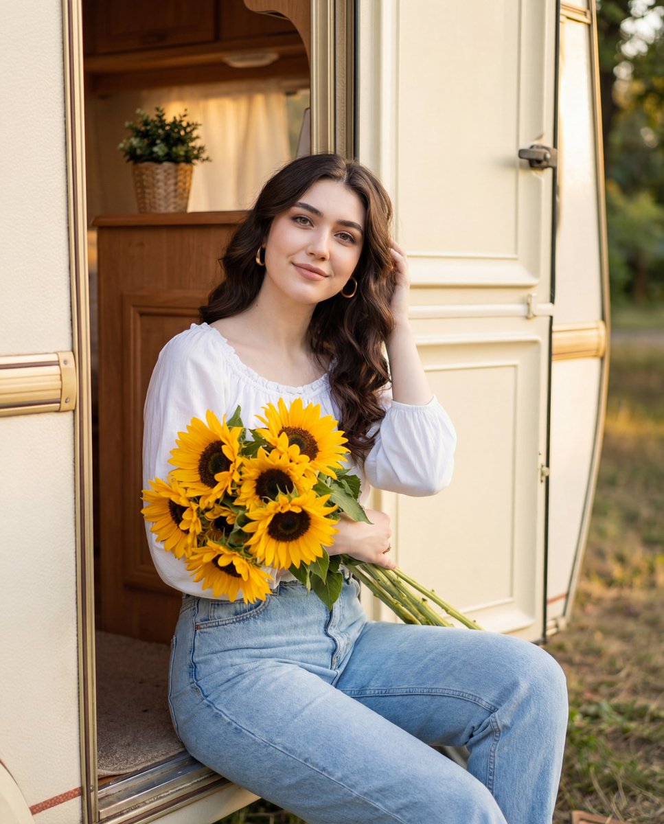 Young Woman with Sunflowers in Camper Van Doorway Portrait Nano Banana提示词
