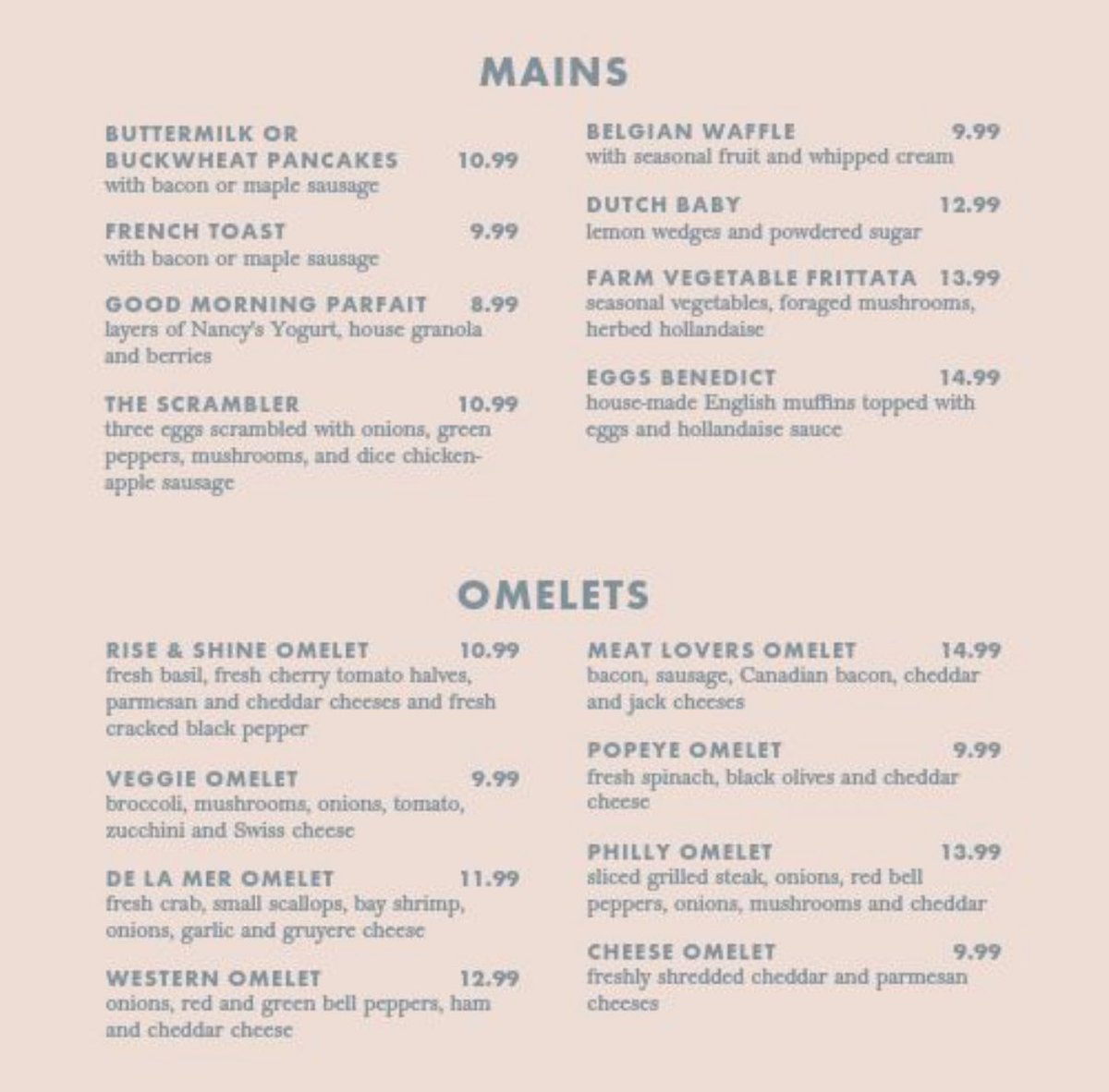 Restaurant Menu: Breakfast, Mains, & Omelets with Prices Nano Banana提示词