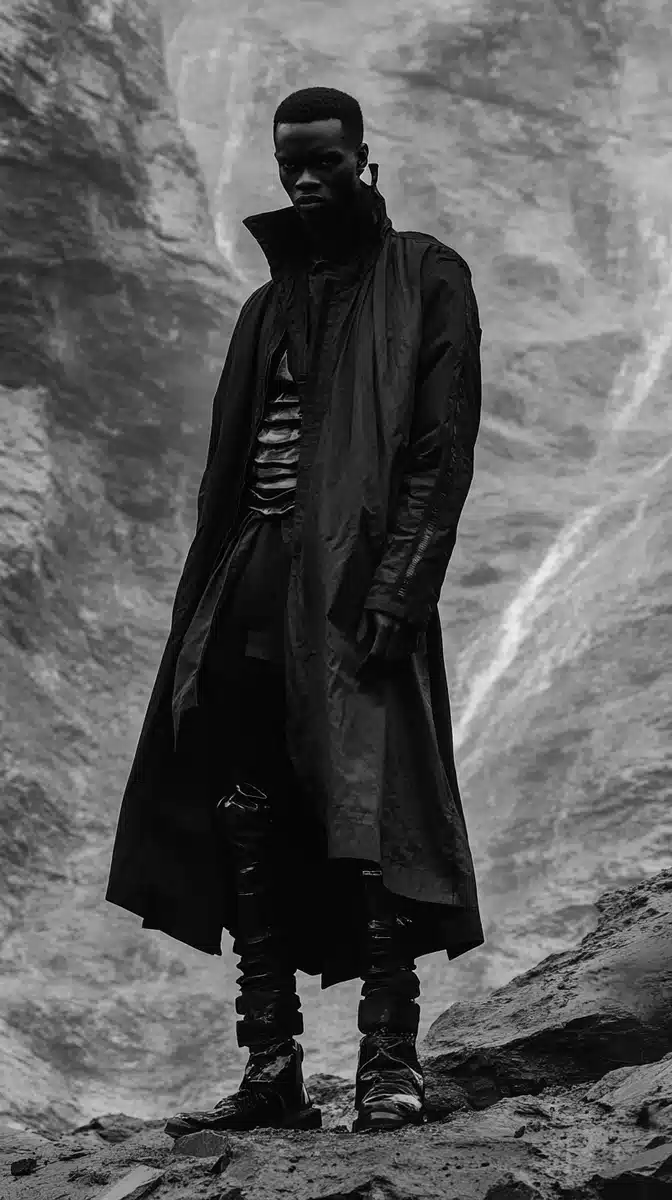Futuristic Man in Jacket Midjourney提示词