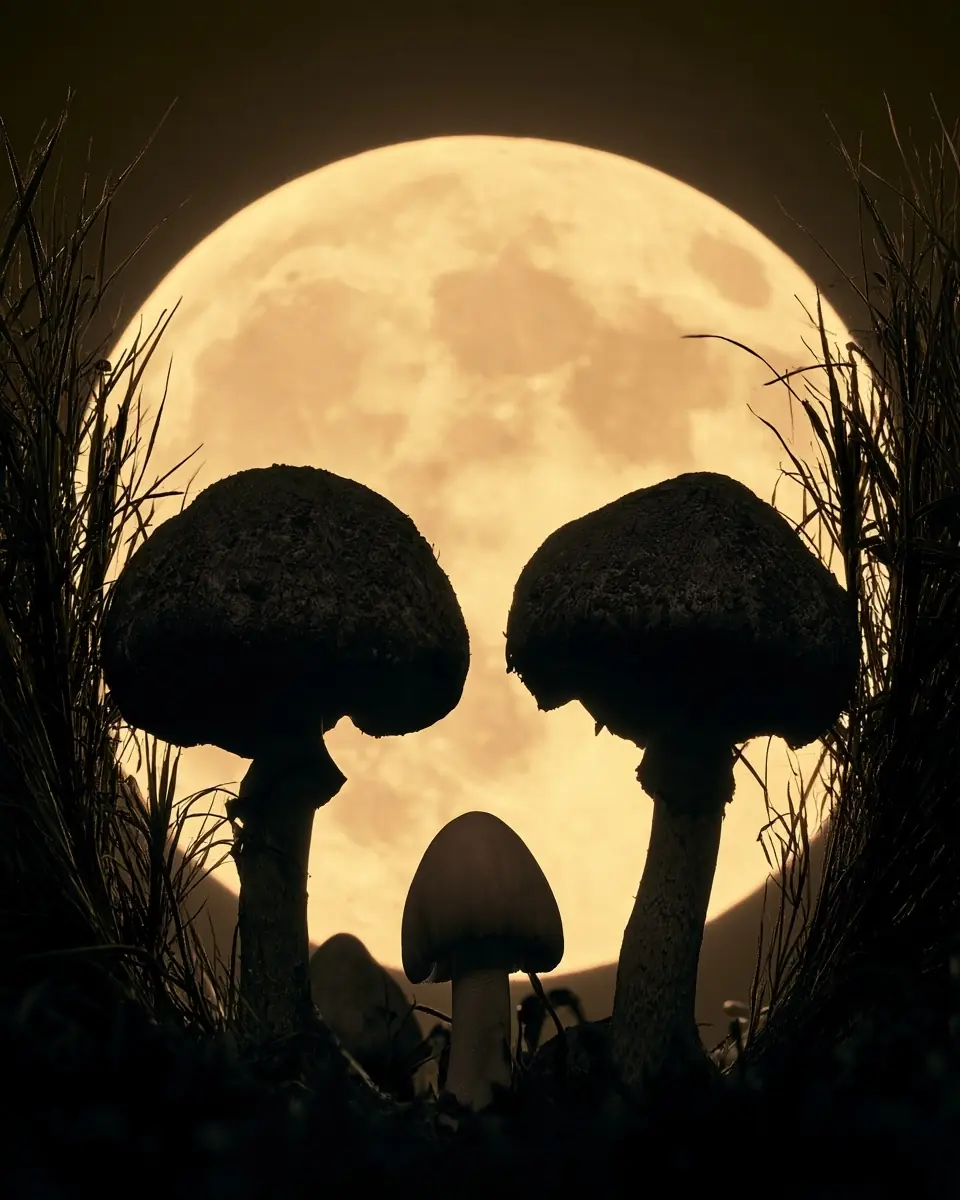 Skull Mushrooms Full Moon Midjourney提示词