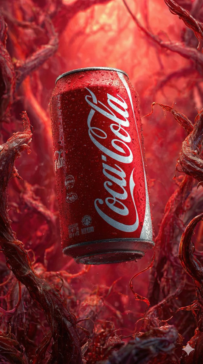 Photorealistic Coca-Cola Can in Surreal Organic Landscape Nano Banana提示词