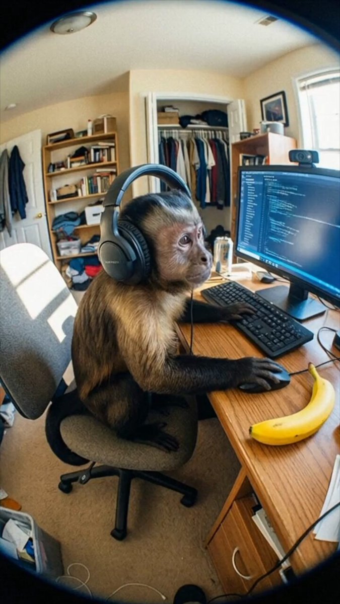 Humorous Capuchin Monkey at Computer with Headphones Nano Banana提示词