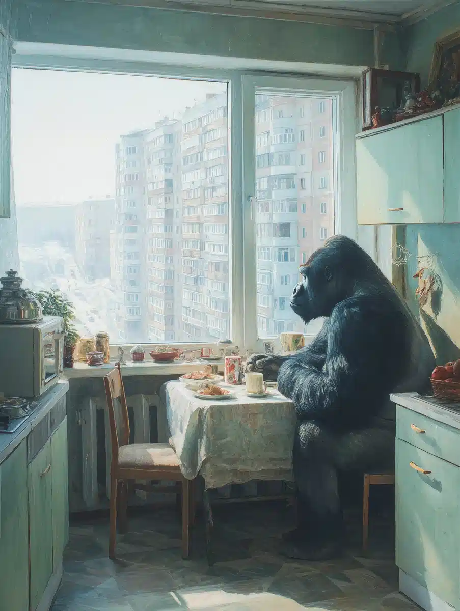 Hyperrealistic Gorilla in Kitchen Midjourney提示词