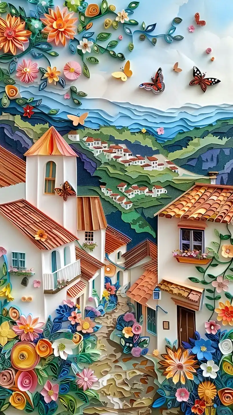Pastel Spanish Village Quilling Midjourney提示词