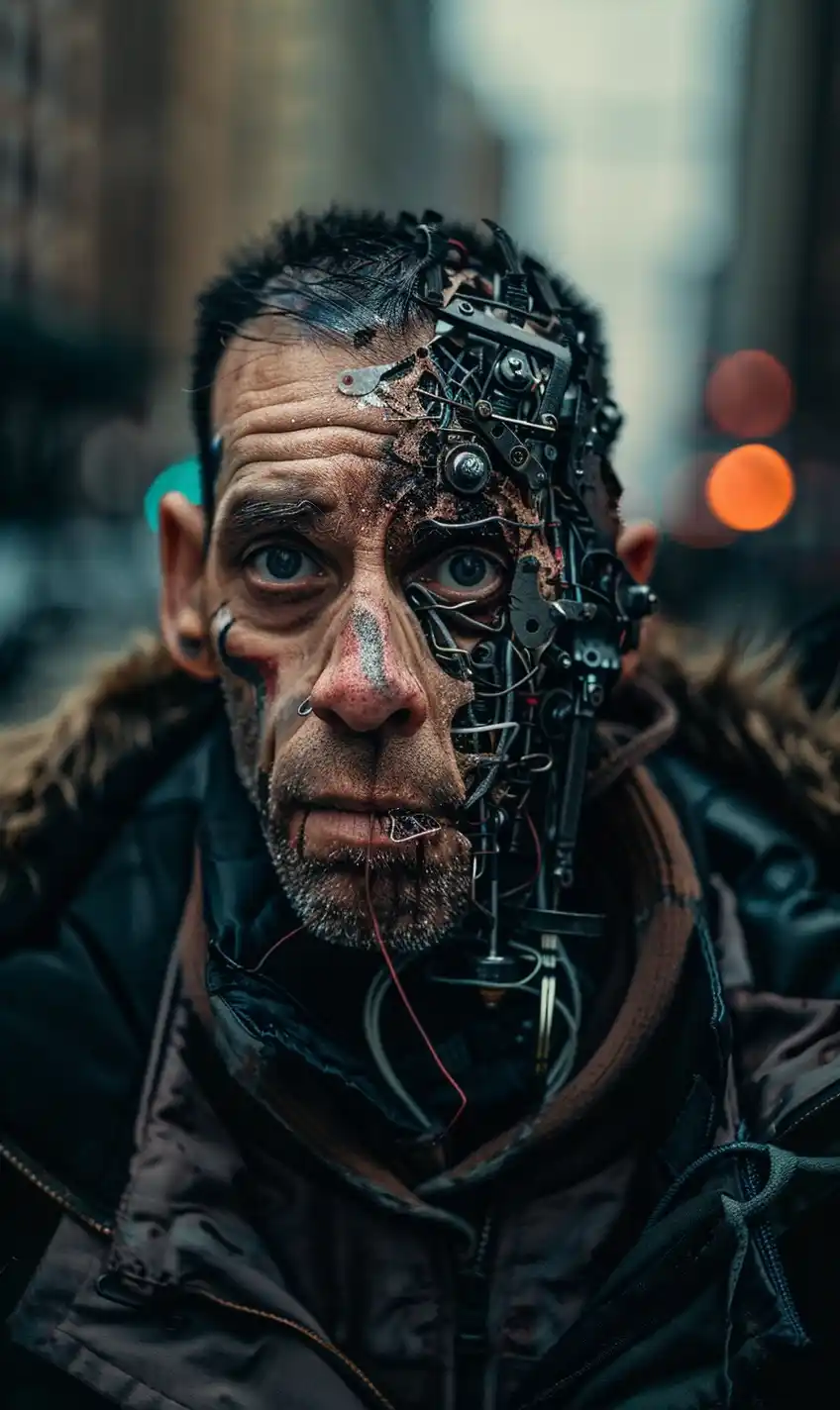 Biomechanical Homeless Man Midjourney提示词