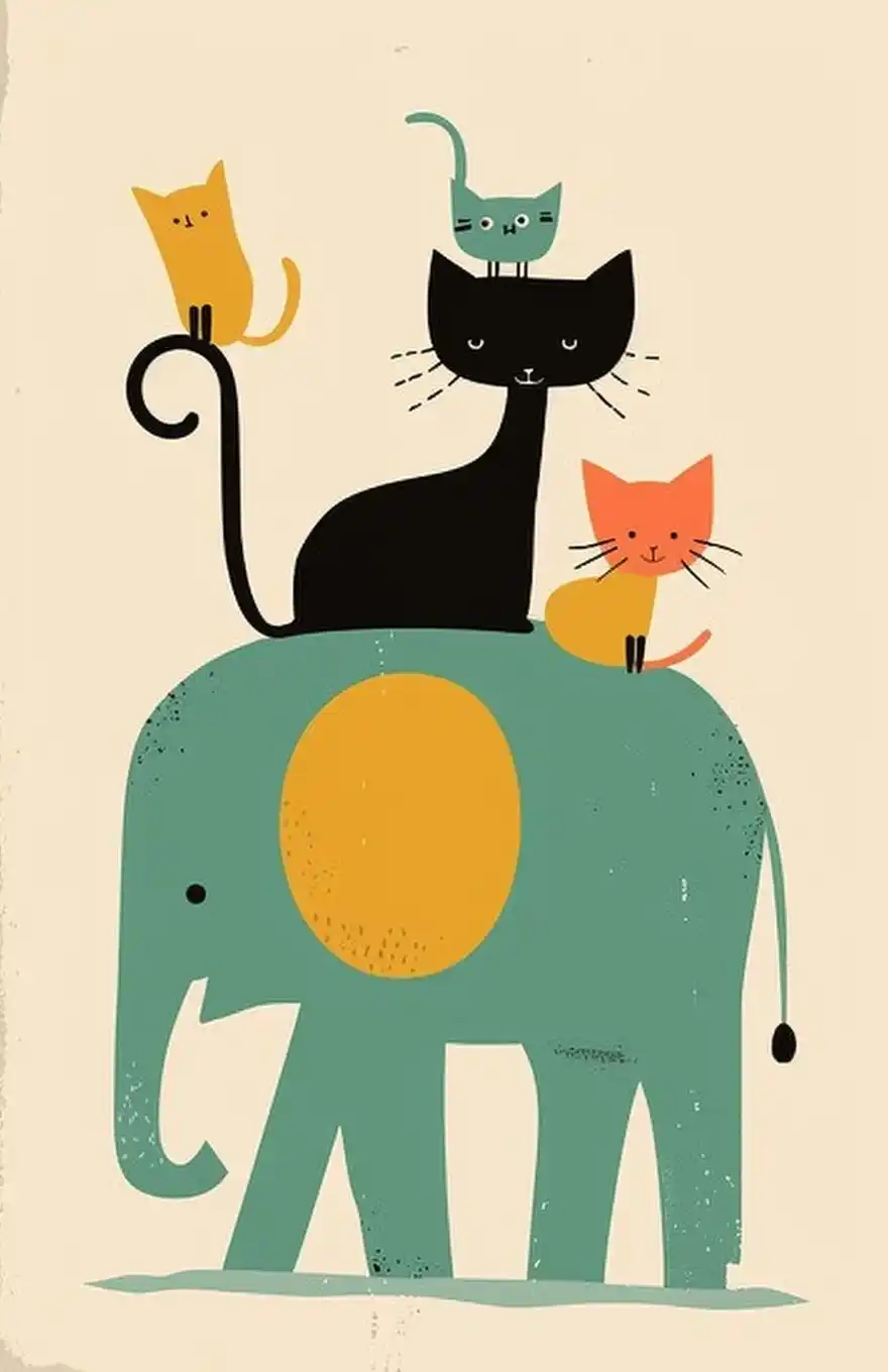 Minimalist Cat and Elephant Midjourney提示词