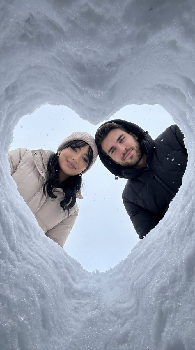 Romantic Couple Winter Portrait in Snow Heart Shape Nano Banana提示词