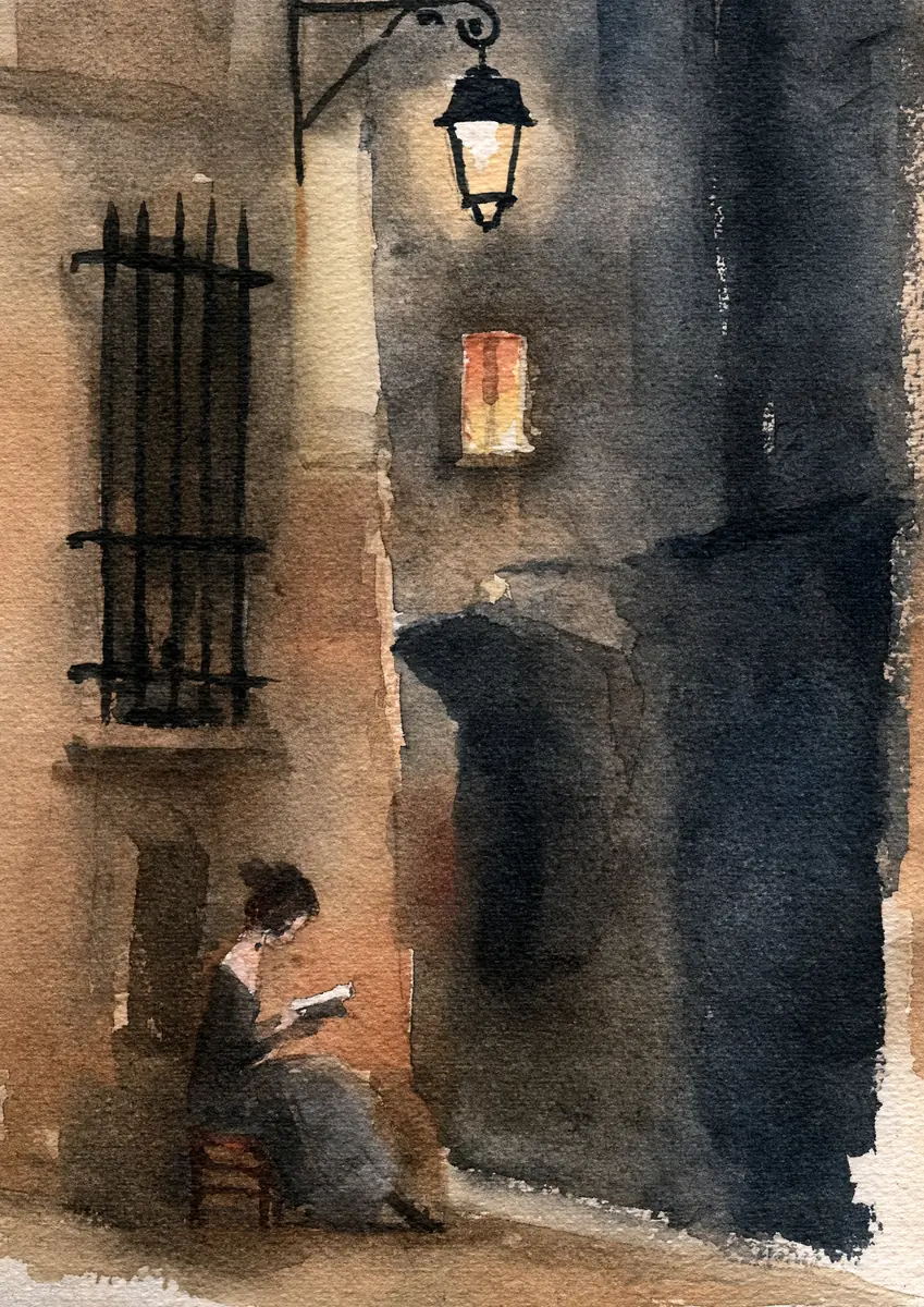 Watercolor Reader in Paris Midjourney提示词