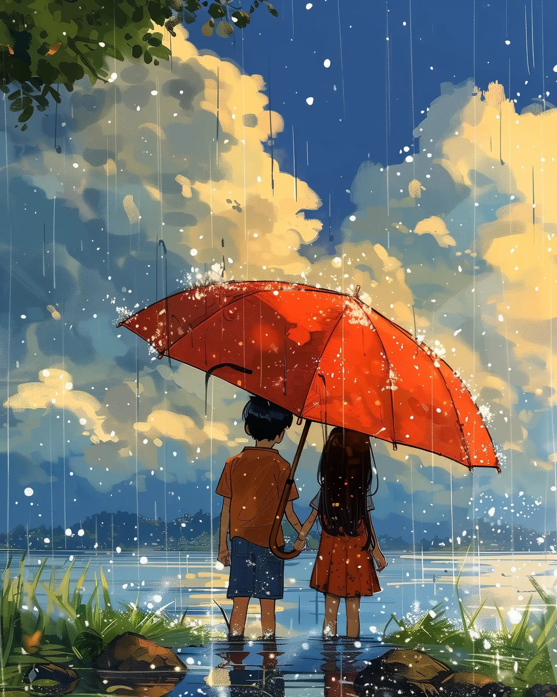 Rainy Day Hideaway Under Red Umbrella Midjourney提示词