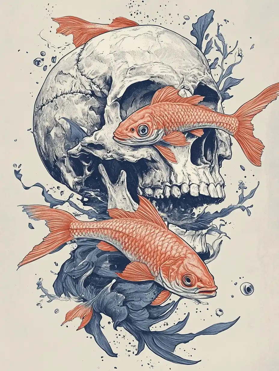 Skull and Fish Illustration Midjourney提示词