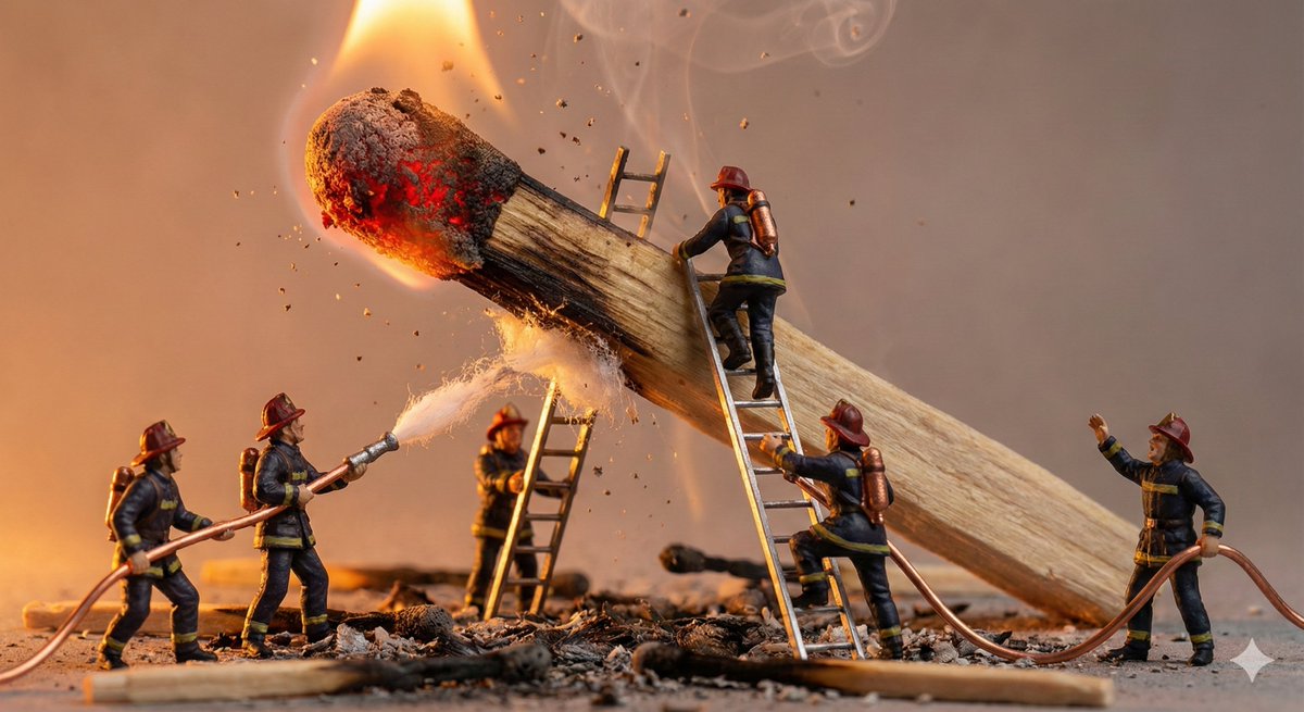 Miniature Firefighters Battle Burning Match - Dramatic Art Nano Banana提示词