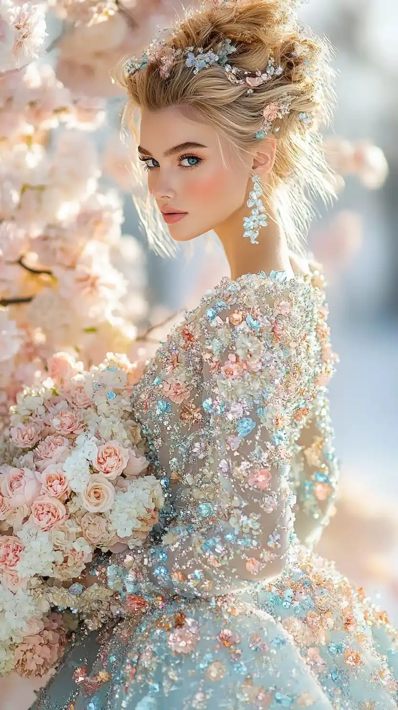 Surreal Woman in Sparkling Dress Midjourney提示词