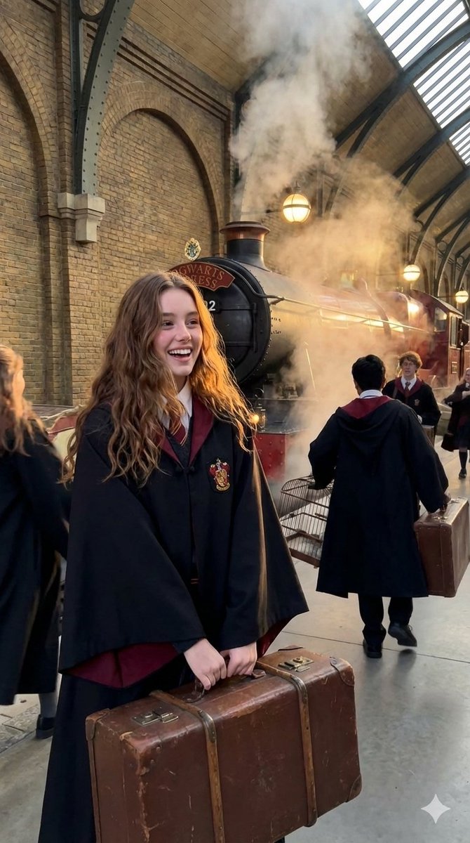 Hogwarts Express Portrait: Cheerful Wizarding World Student Nano Banana提示词