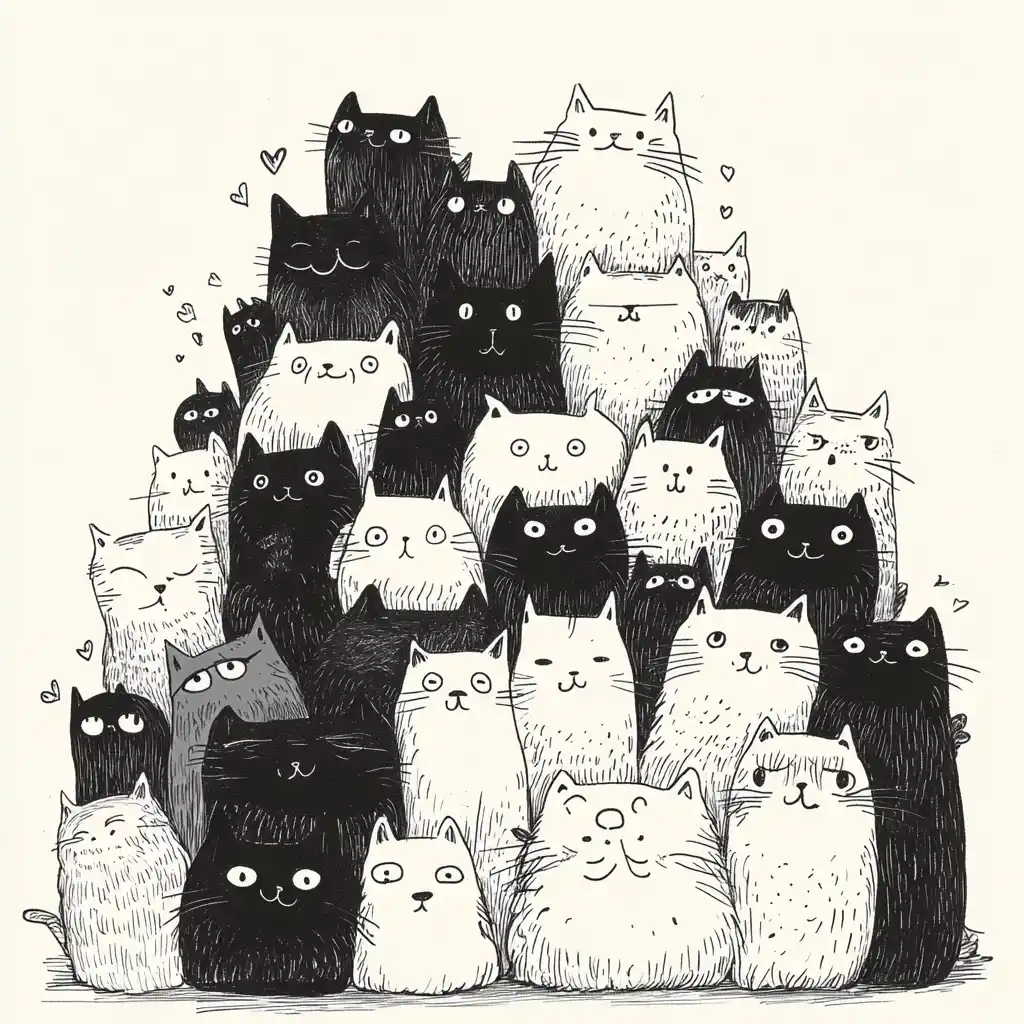 Stacked Cats Cartoon Chaos Midjourney提示词