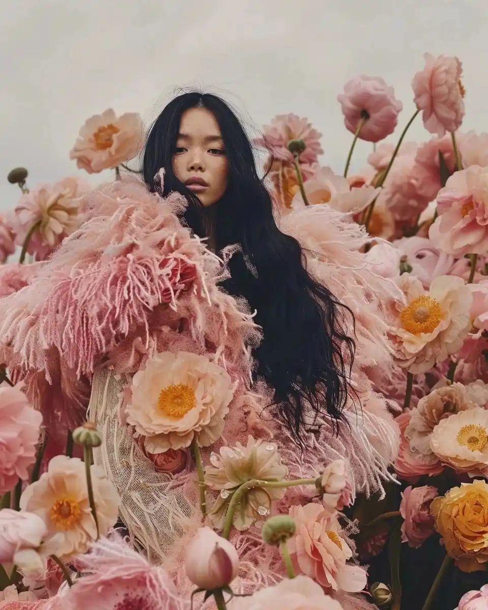 Fashion Portrait Among Flowers Midjourney提示词