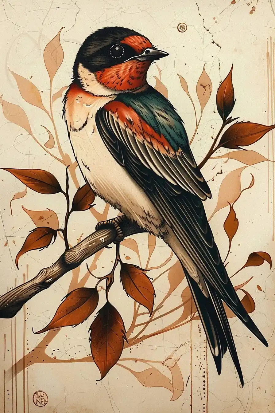 Tattoo Swallow on Branch Midjourney提示词