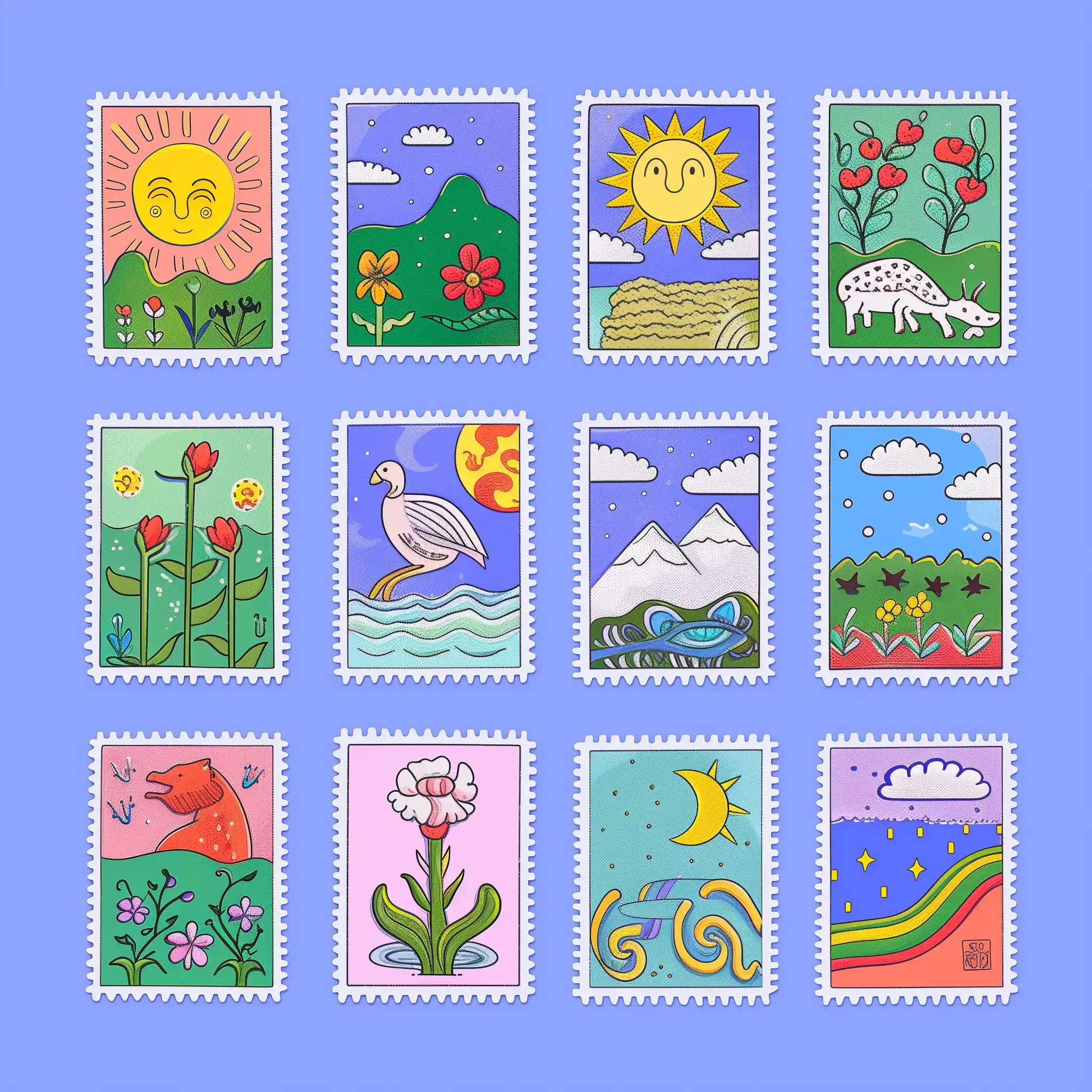 Colorful Stamp Grid Art Midjourney提示词