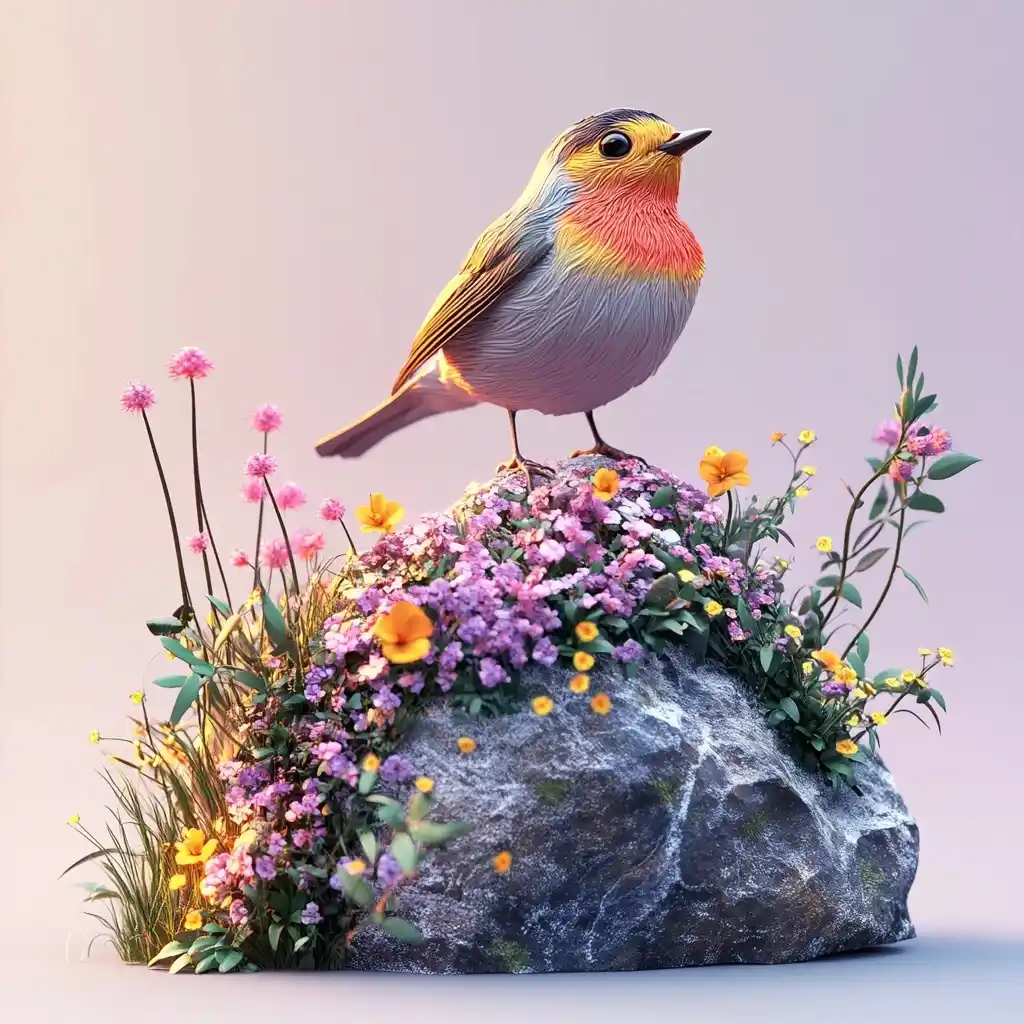 3D Colorful Bird on Stone Midjourney提示词