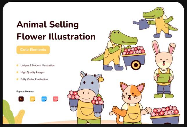 Animal Selling Flowers Illustration