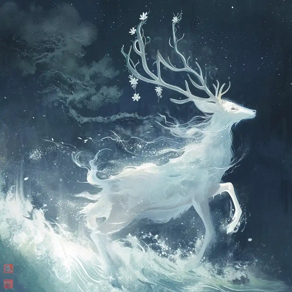 Ink Deer on Waves Midjourney提示词