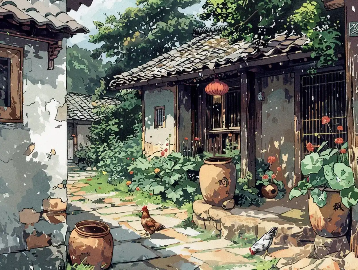 Chinese Chickens Courtyard Comic Midjourney提示词