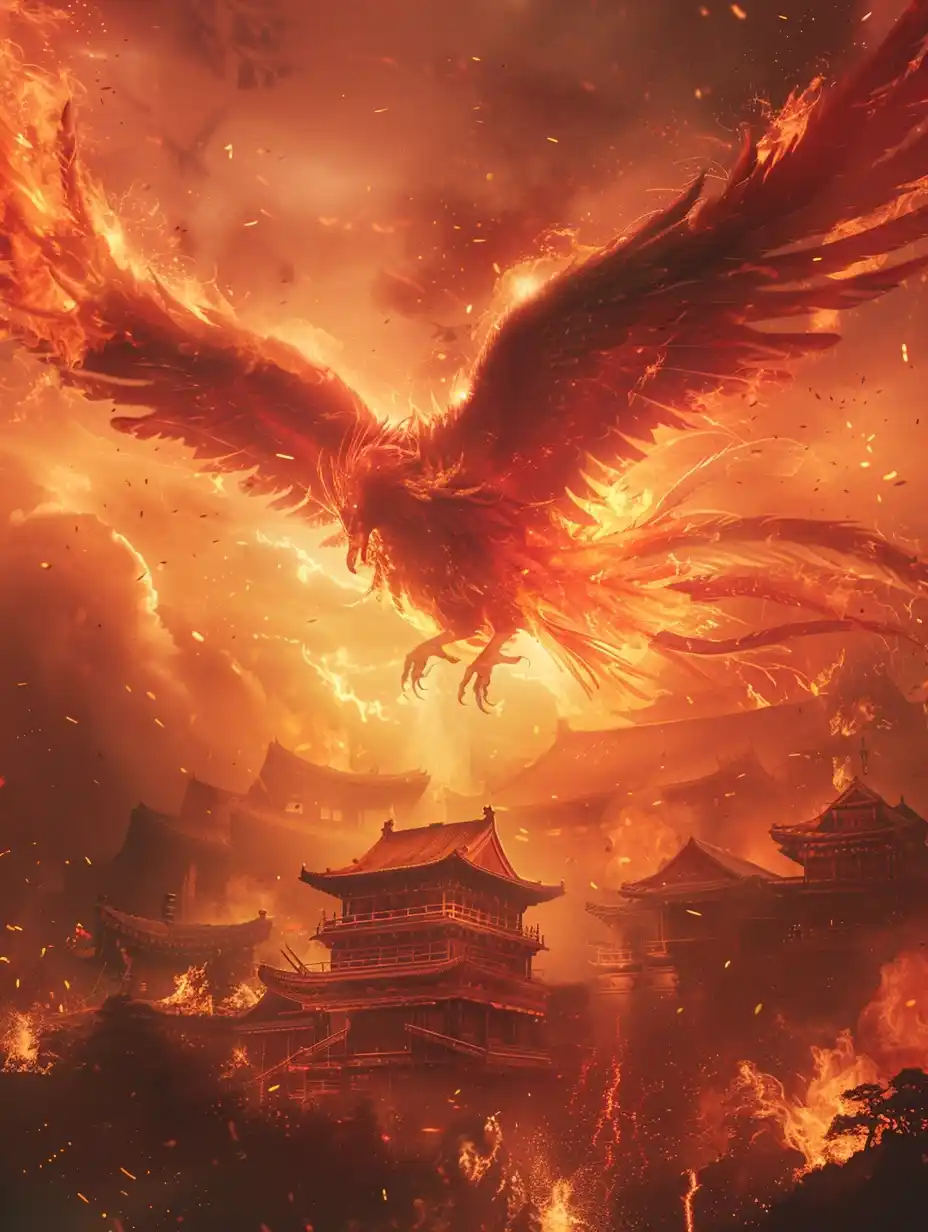 Fiery Phoenix at Yellow Crane Tower Midjourney 提示词生成效果