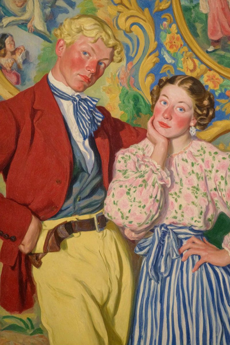 Vibrant Vintage Couple Illustration - Art Deco Style Portrait Nano Banana提示词