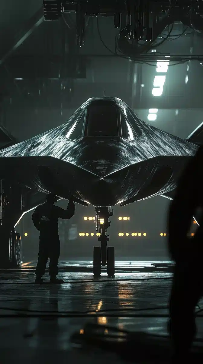 Futuristic Aircraft in Hangar Midjourney提示词