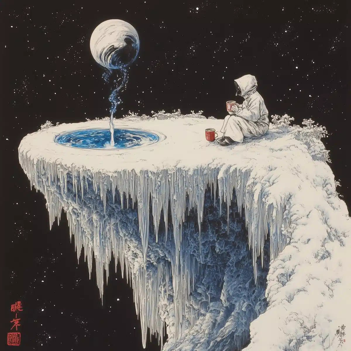 Sumi-e Coffee in Orbit Midjourney提示词