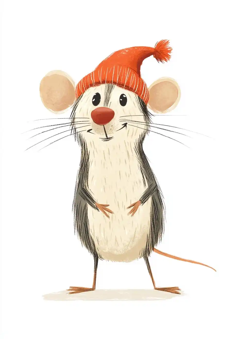 Whimsical Mouse in Red Hat Midjourney提示词