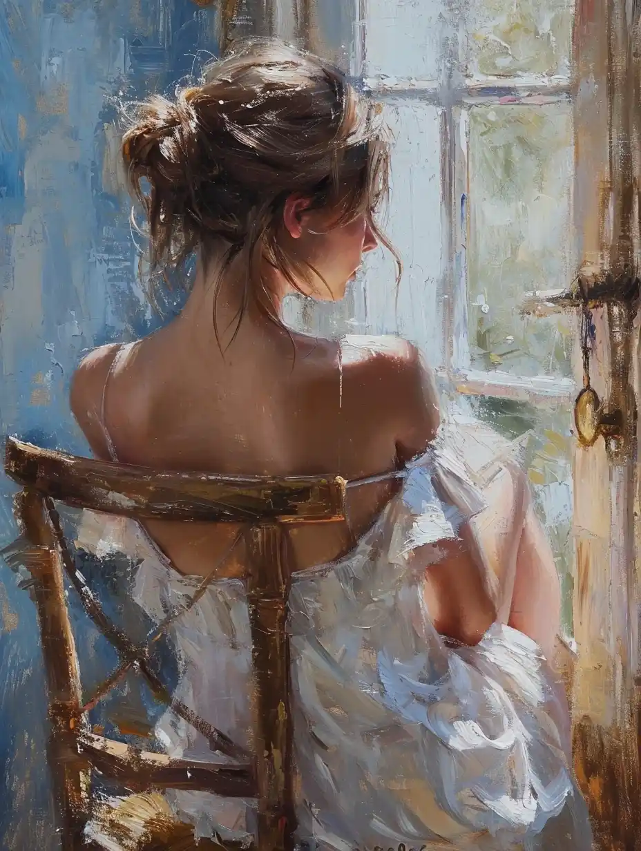 Impressionist Woman in Chair Midjourney提示词