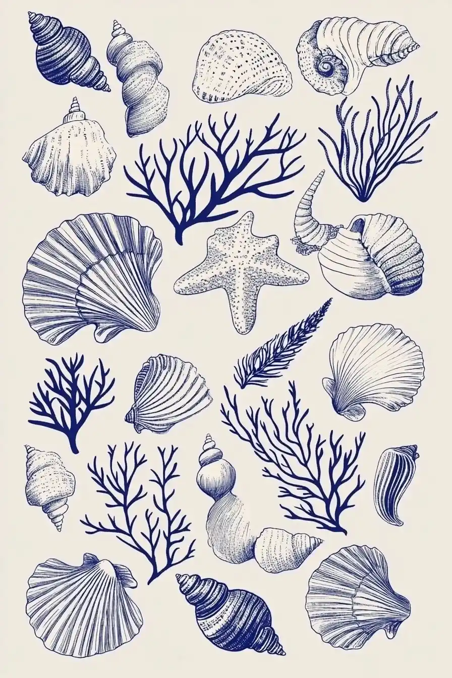Hand-Drawn Seashells and Corals Midjourney提示词
