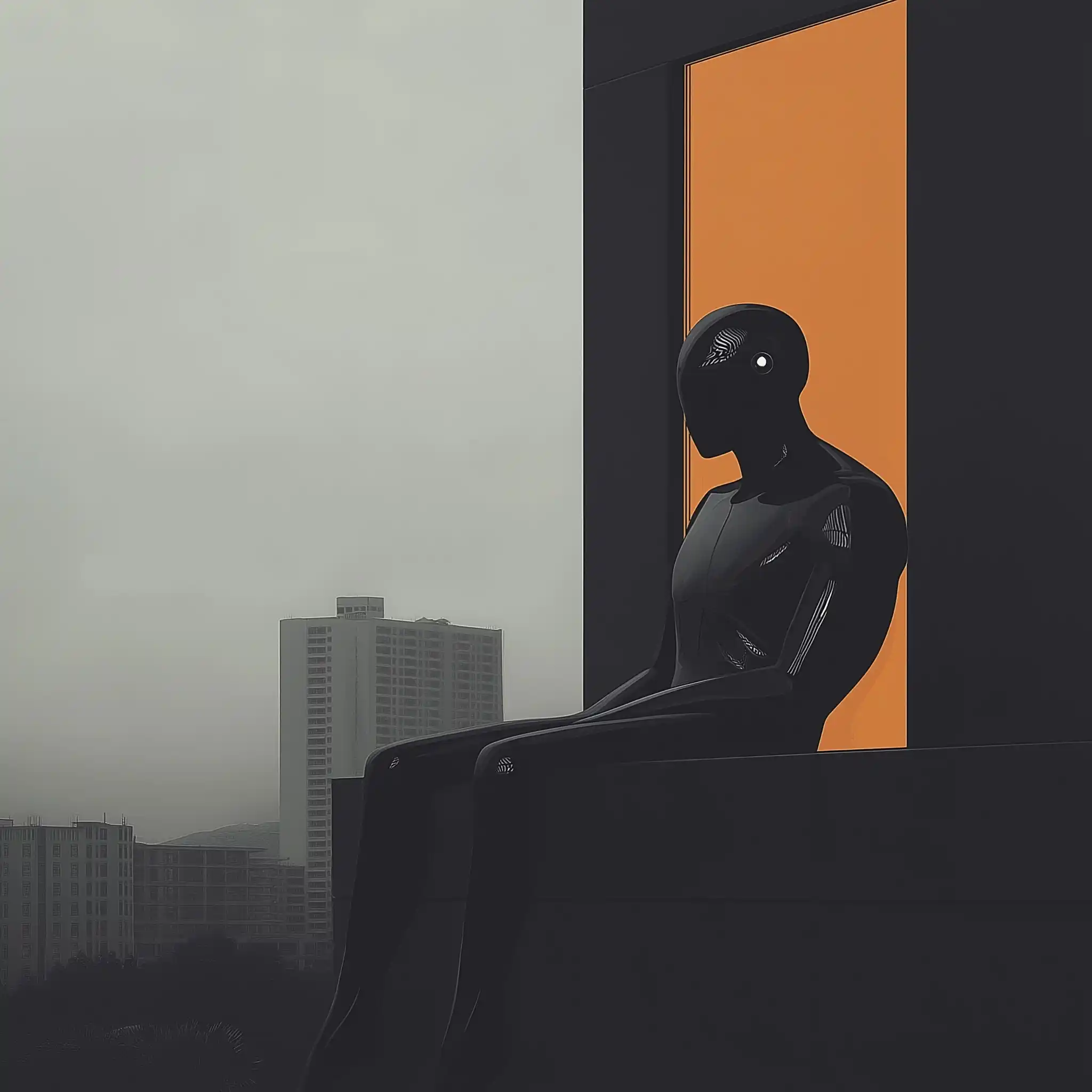 Futuristic Robot Overlooking Cityscape Midjourney提示词