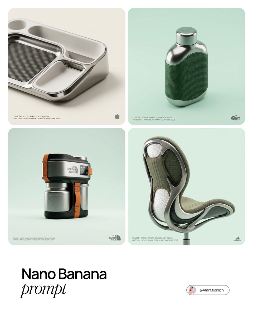 Modern Concept Product Designs: 3D Renders & Tech Nano Banana提示词