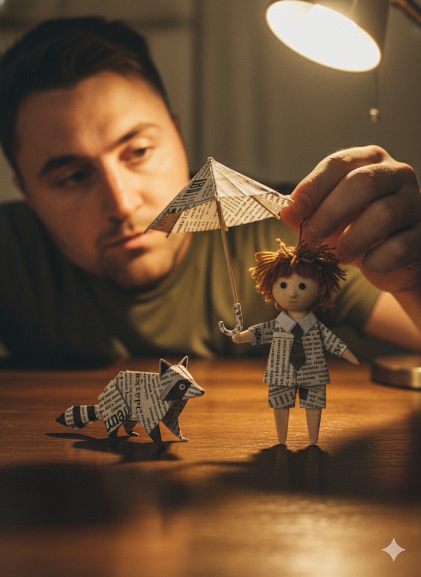 Man with Handcrafted Paper Art: Origami & Miniature Doll Nano Banana提示词