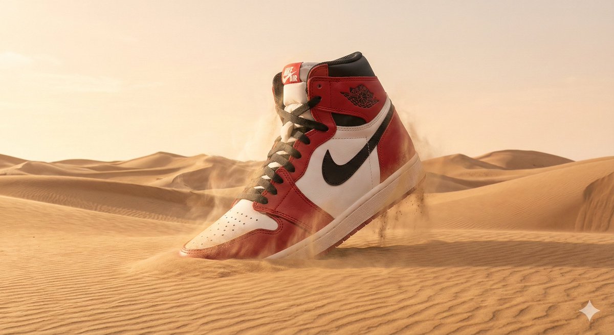 Iconic Nike Air Jordan 1 Sneaker in Dynamic Desert Photo Nano Banana提示词