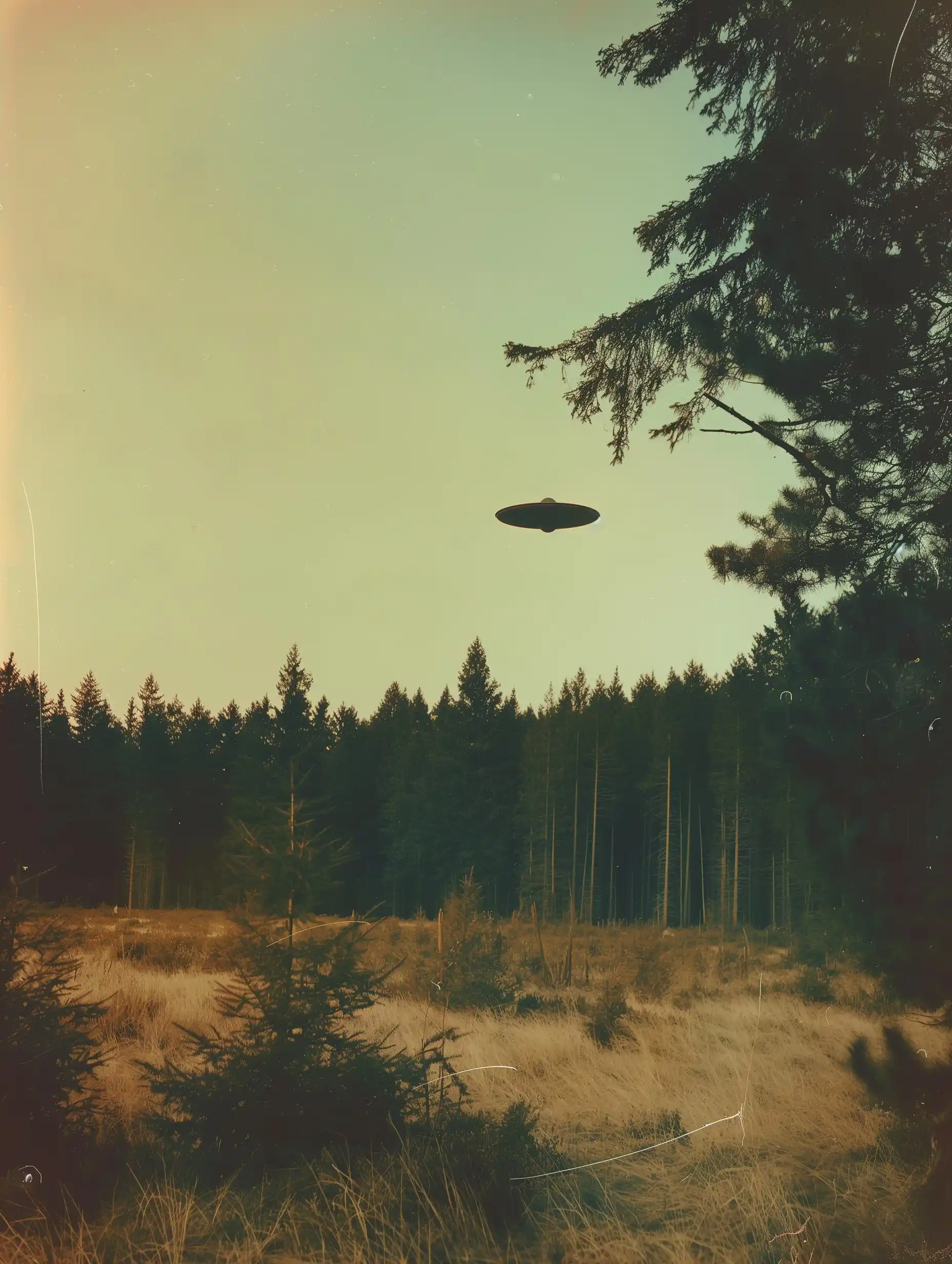 Analog UFO in Pine Forest Midjourney提示词