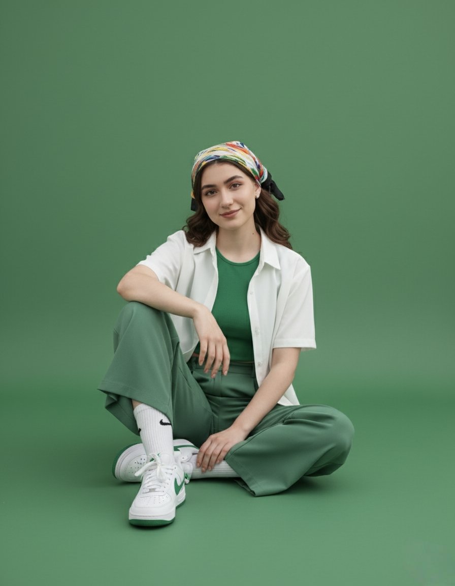Cheerful Woman in Green Outfit: Studio Fashion Portrait Nano Banana提示词