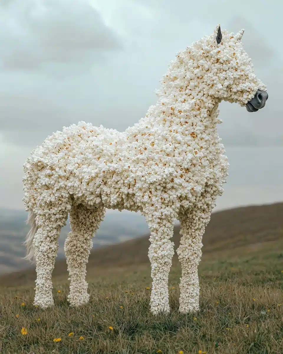 Popcorn Horse in Meadow Midjourney提示词