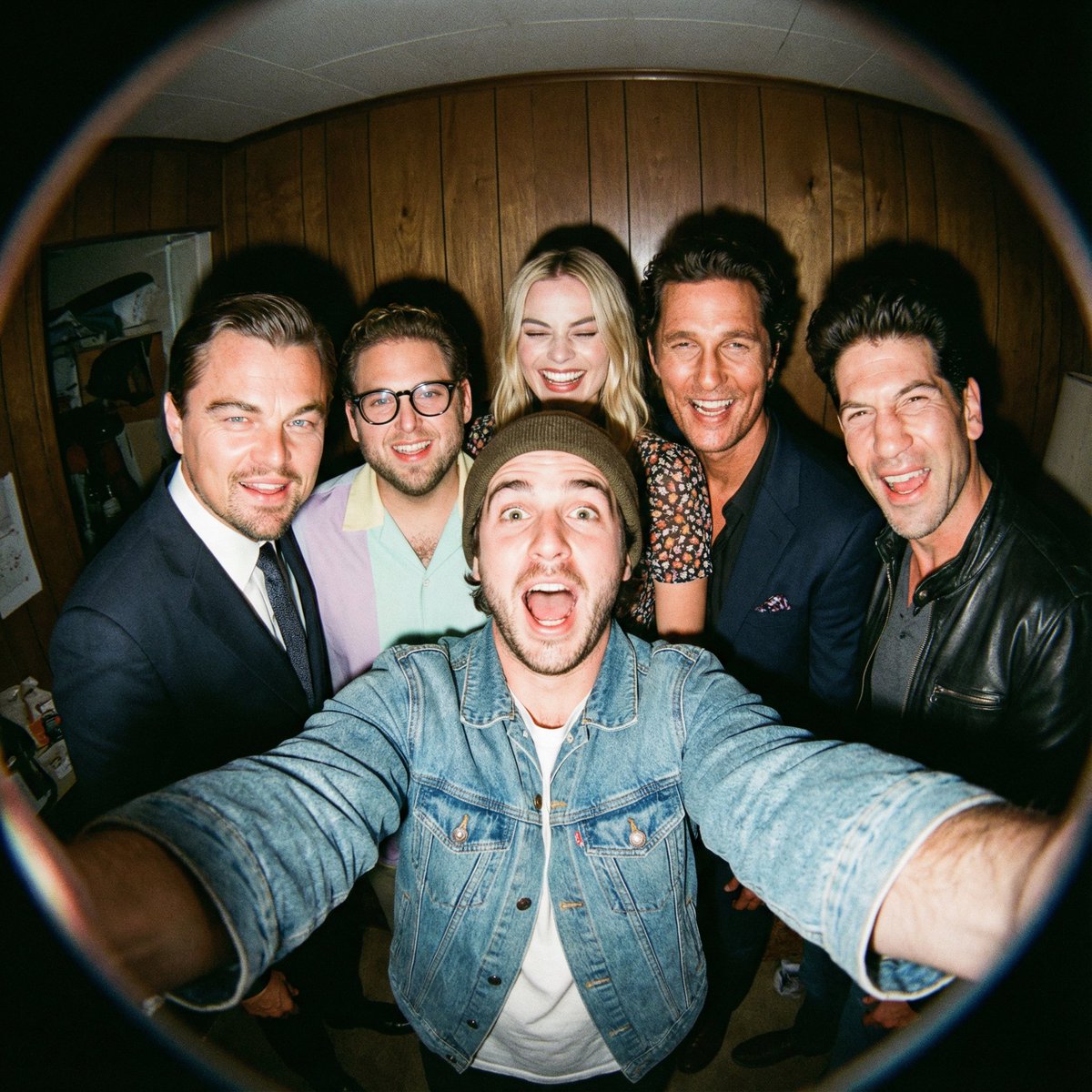 Celebrity Group Selfie: DiCaprio, Robbie, McConaughey & More Nano Banana提示词