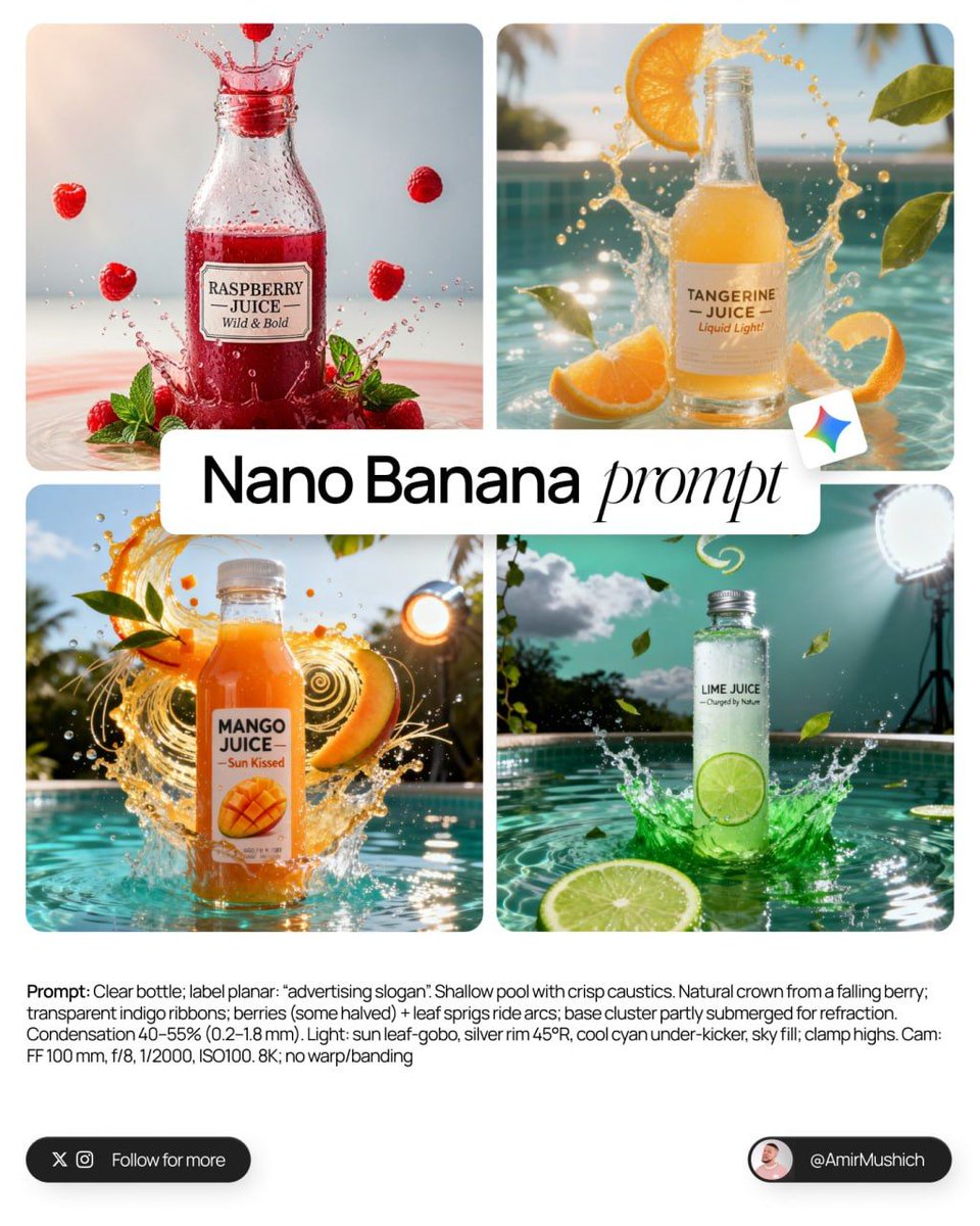 Refreshing Juice Product Photography: Fruit Splashes & Bottles Nano Banana提示词