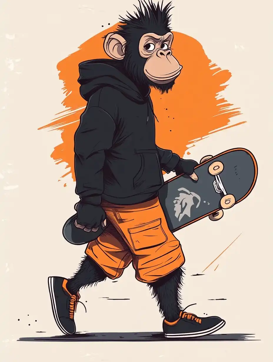 Comic Monkey with Skateboard Midjourney提示词