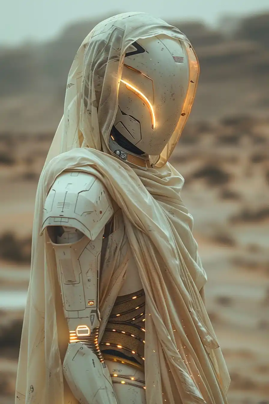 Futuristic Robot in Desert Midjourney提示词