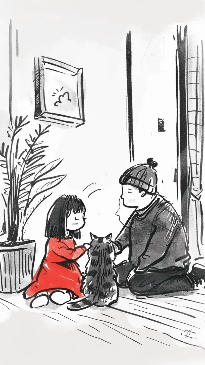 Line Art Family Cat Fun Midjourney提示词