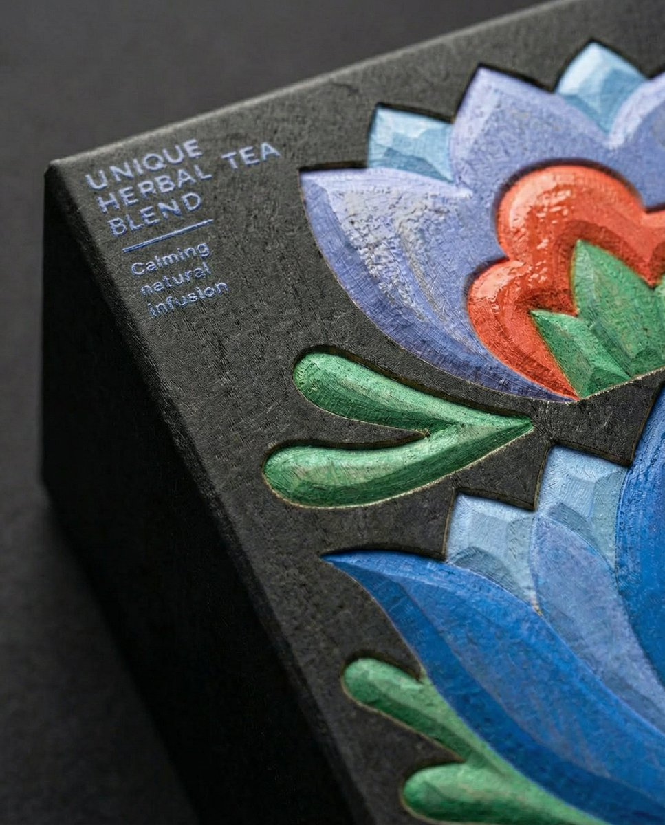 Herbal Tea Packaging with Carved Floral Design Nano Banana提示词