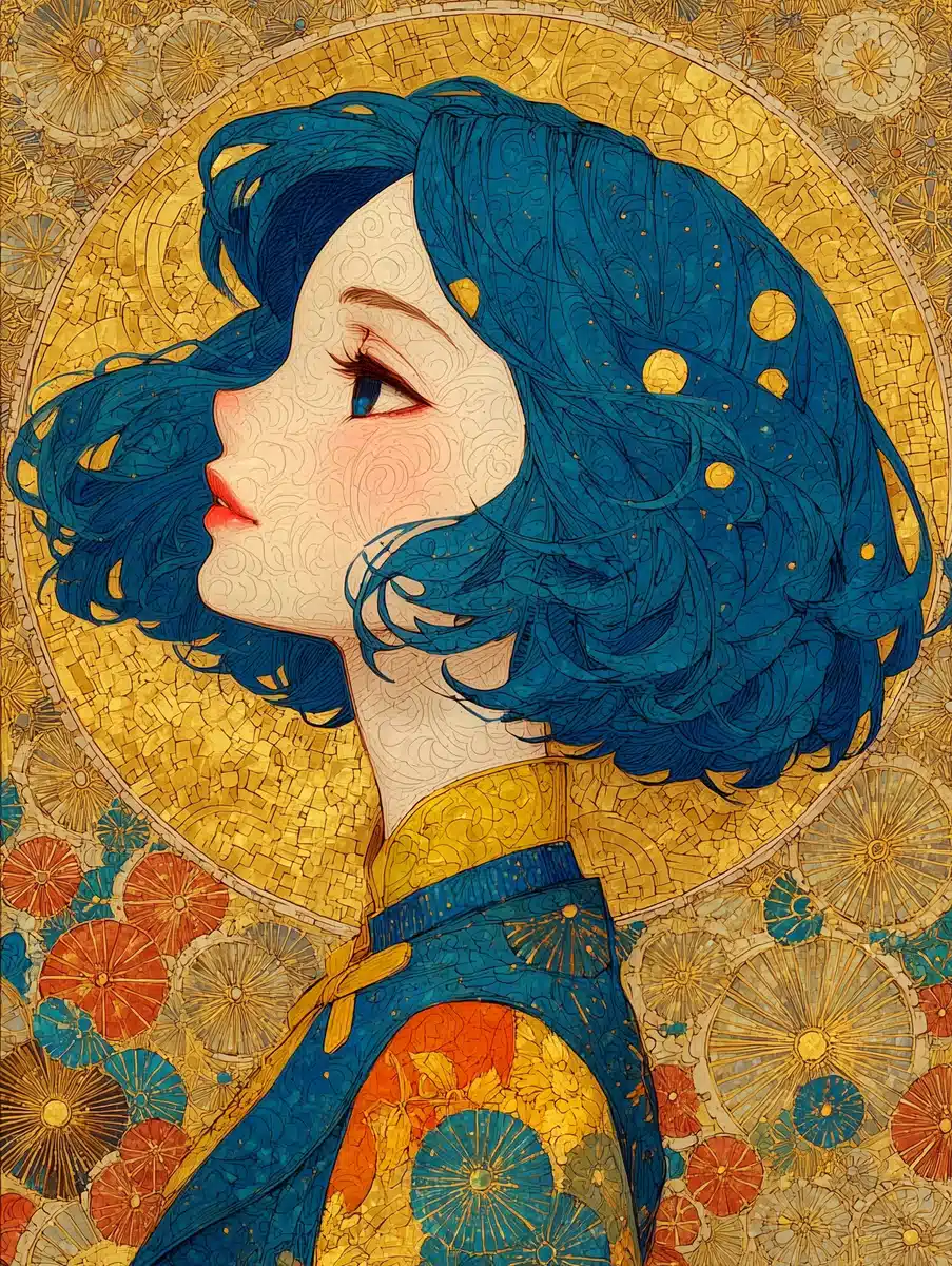Anime Girl in Klimt Style Midjourney提示词