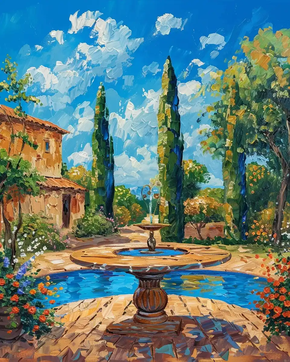Mediterranean Garden Table Vintage Impressionism Midjourney提示词
