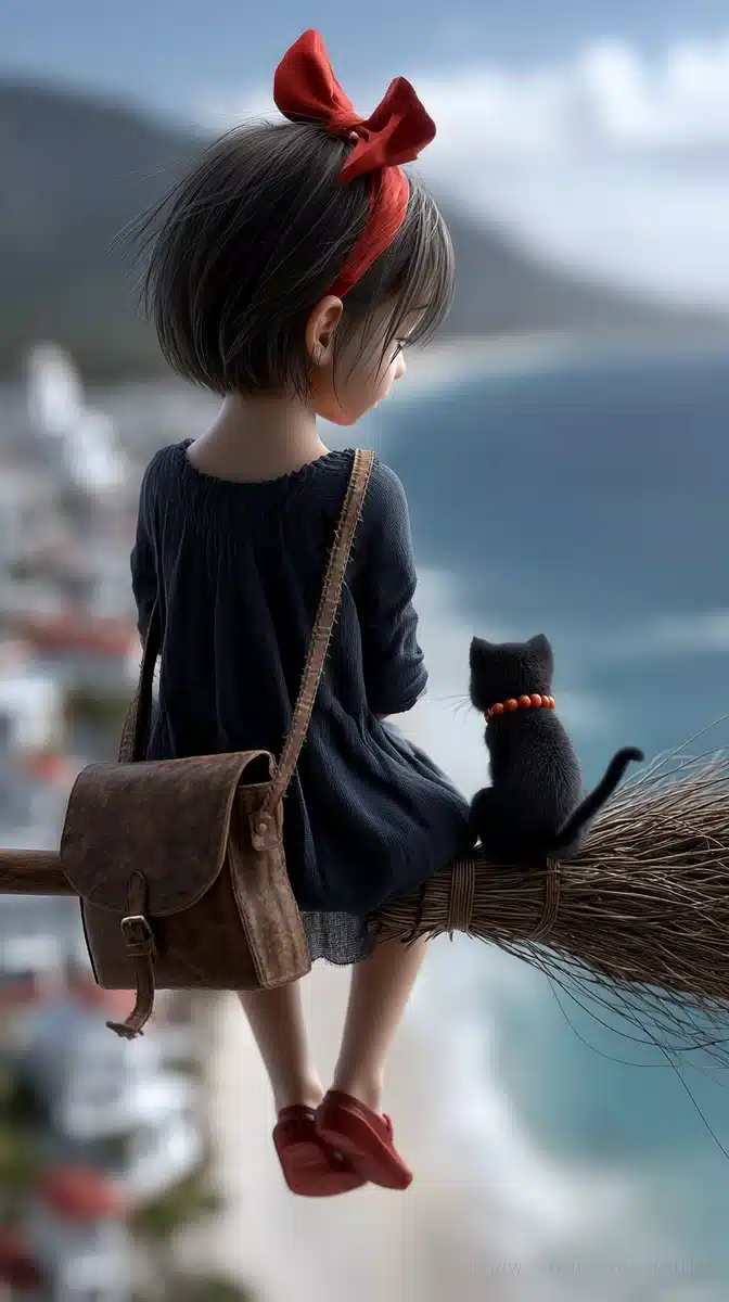 Realistic Qiqi Flying Broom Midjourney提示词