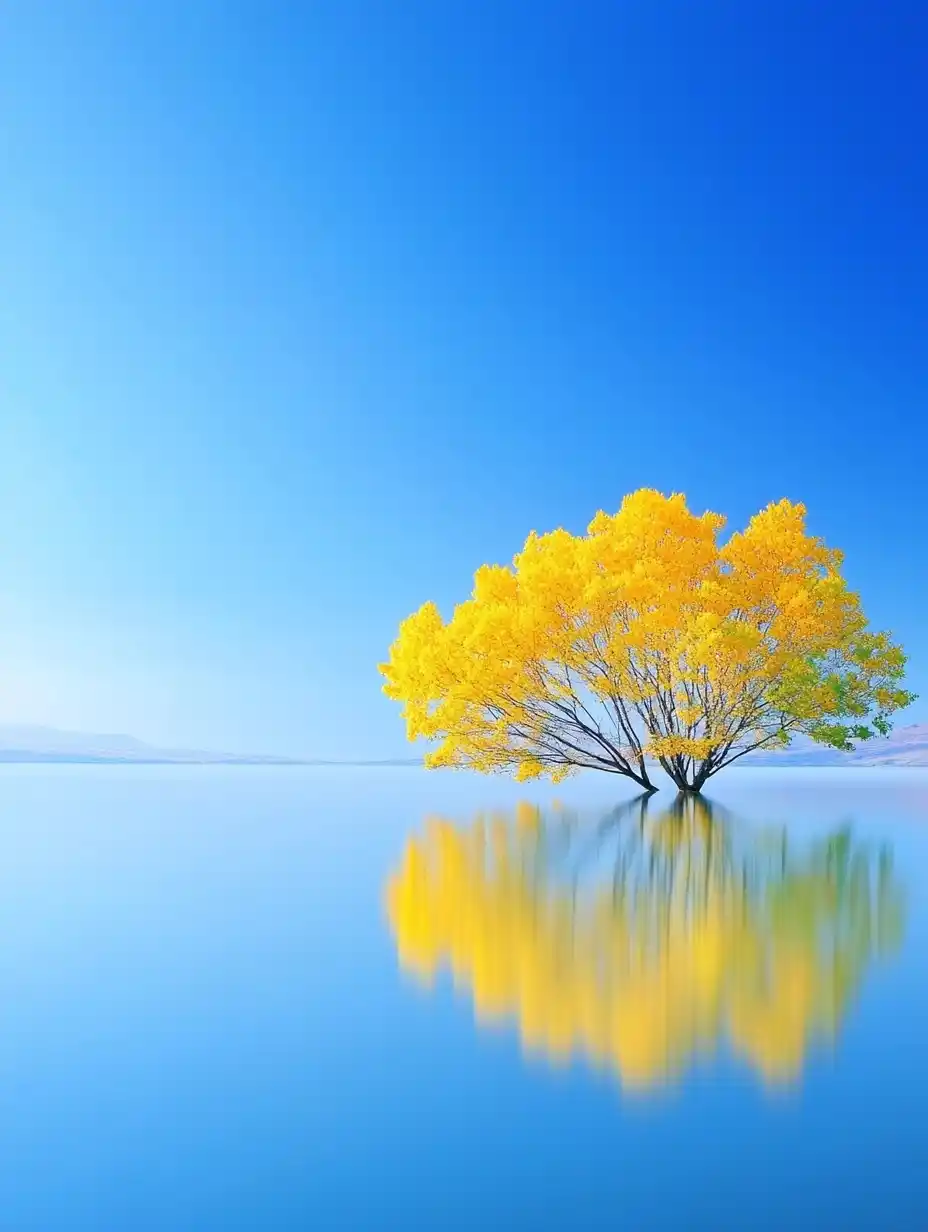 Minimalist Ginkgo Trees Reflection Midjourney提示词