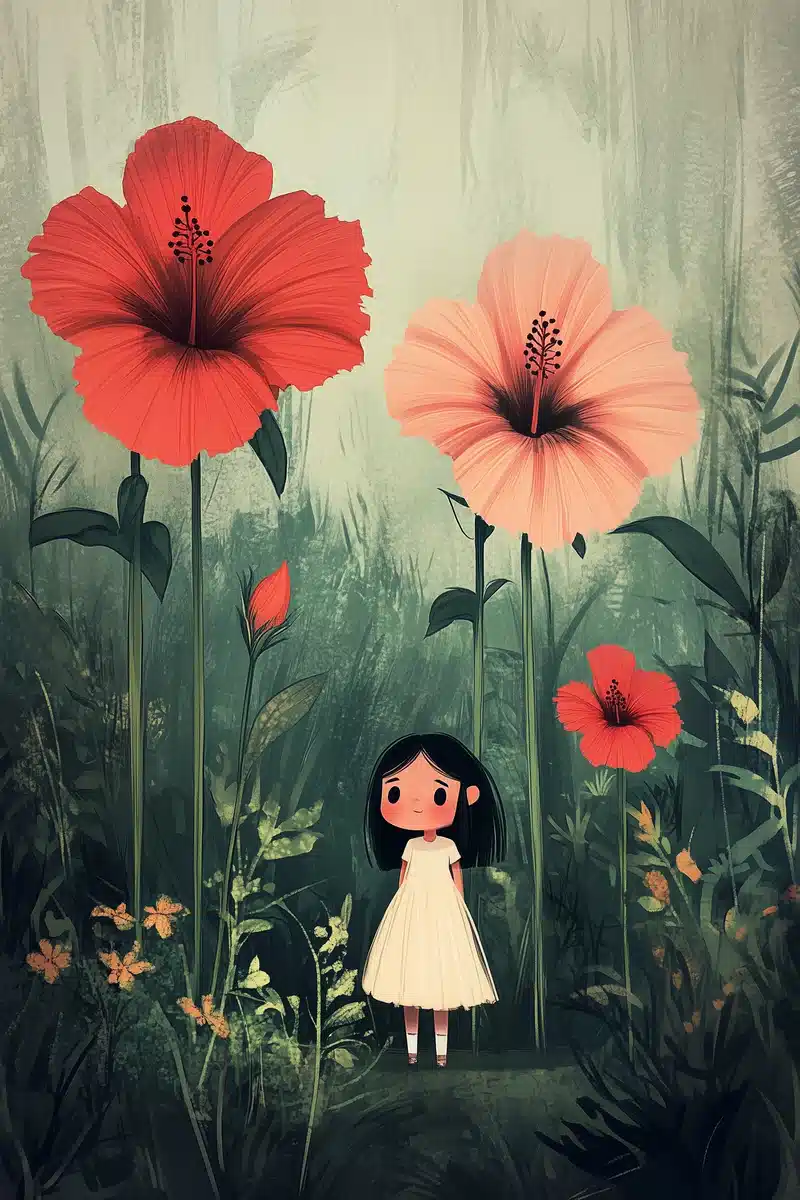 Girl Among Hibiscus Flowers Midjourney提示词